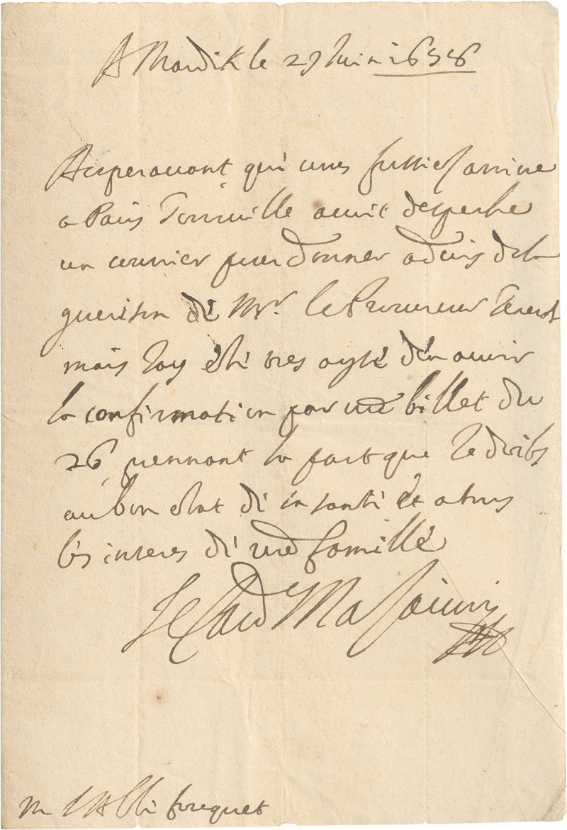 Lot 2479, Auction  128, Mazarin, Jules Kardinal, Eigenhändiger Brief an den Abbé Fouquet. 1658