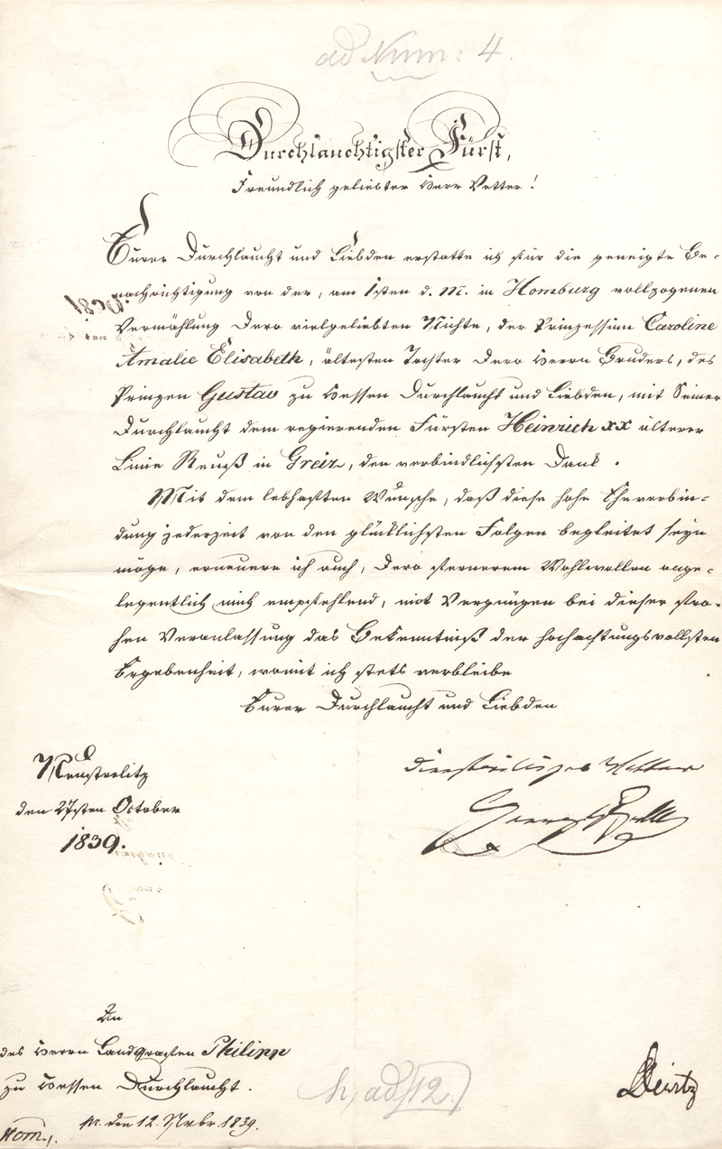 Lot 2480, Auction  128, Georg, Großherzog von Mecklenburg-Strelitz, Brief an den Landgrafen Philipp von Hessen-Homburg. 1839