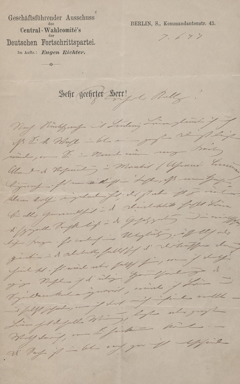 Lot 2485, Auction  128, Richter, Eugen, Brief an einen Parteigenossen. 1877