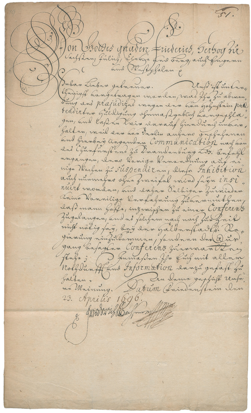 Lot 2487, Auction  128, Friedrich II., Herzog von Sachsen-Gotha, Brief an Henning Möller, Bergrat in Nordhausen. 1696
