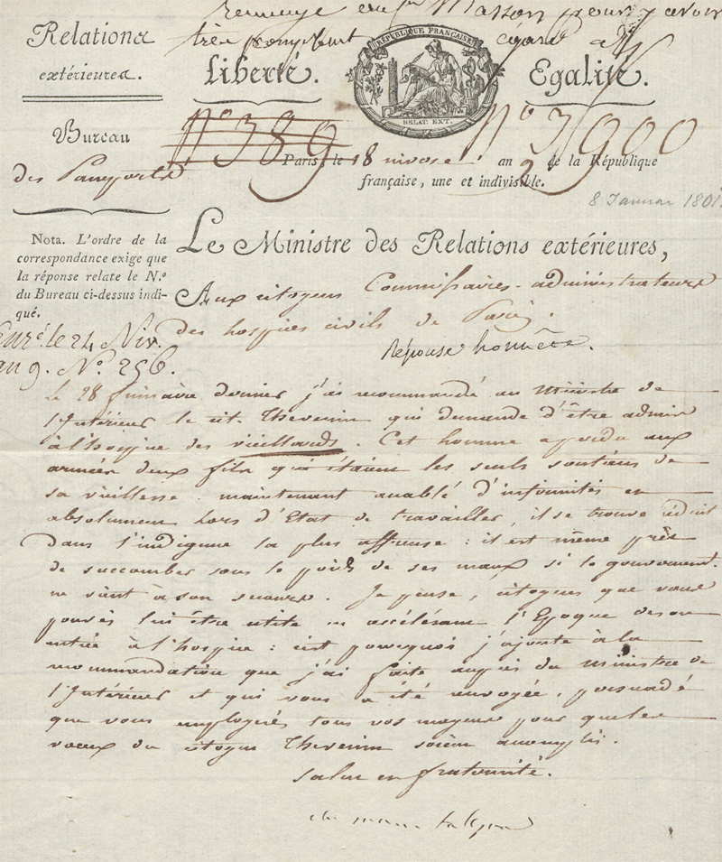 Lot 2489, Auction  128, Talleyrand, Charles Maurice de, Brief an die Kommission der Zivil-Hospiz-Verwaltung von Paris. 1801
