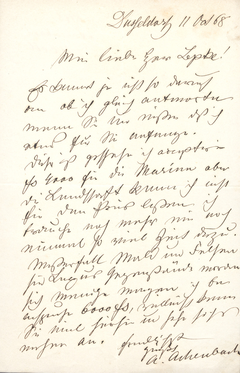 Lot 2495, Auction  128, Achenbach, Andreas, Brief an den Kunsthändler Lepke. Düsseldorf 1868