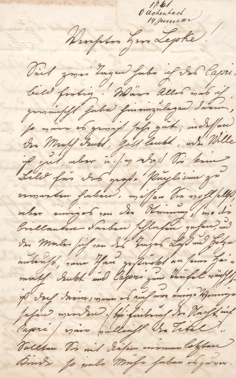 Lot 2496, Auction  128, Achenbach, Oswald, Brief an den Kunsthändler Lepke. 1861