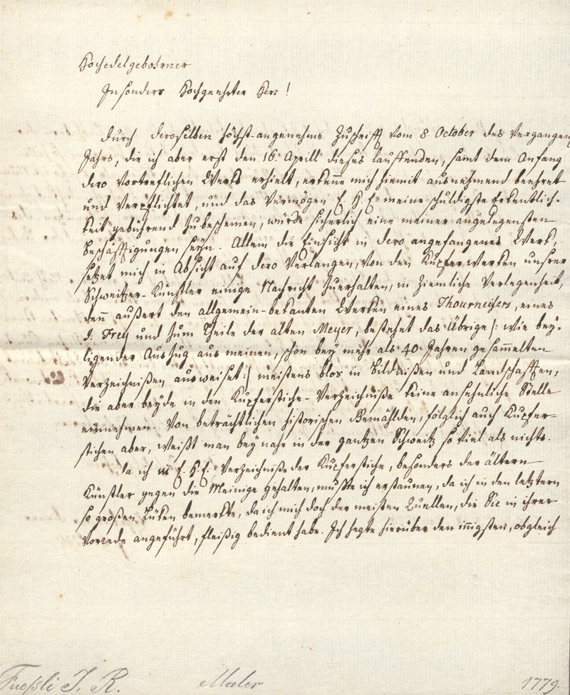 Lot 2504, Auction  128, Füssli, Johann Rudolf, Brief an einen Lexikographen. Zürich 1779